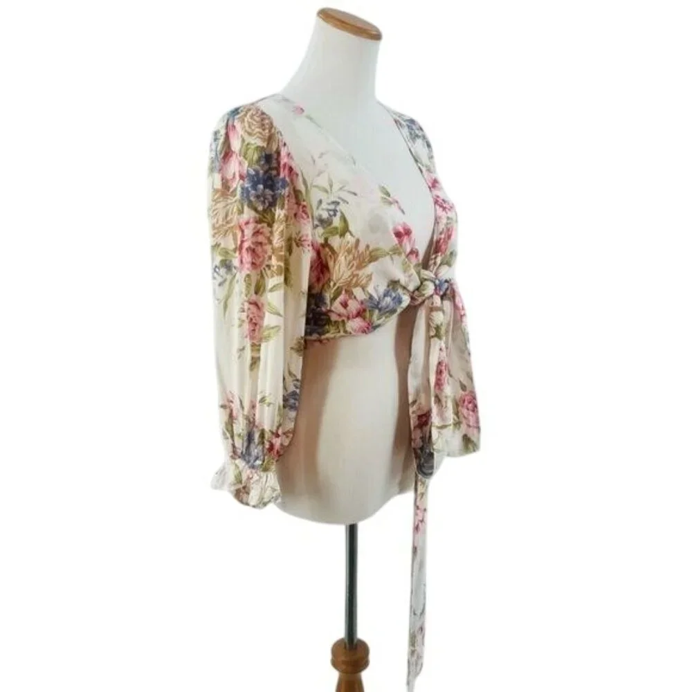 Auguste Vintage Inspired Floral Boho Tie Front Wrap Top Blouse - Picture 11 of 16